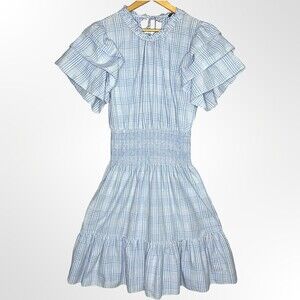 Stella Nova Camine Dress Womens 38 Medium Blue Plaid Woven Smocked Ruffle Sleeve